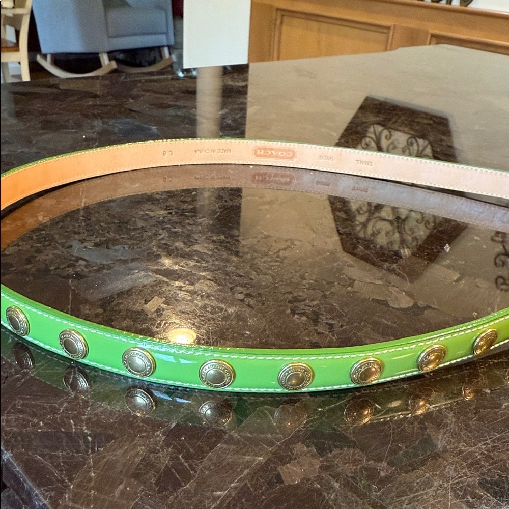 Coach Lime Green Leather Belt with Brass Details